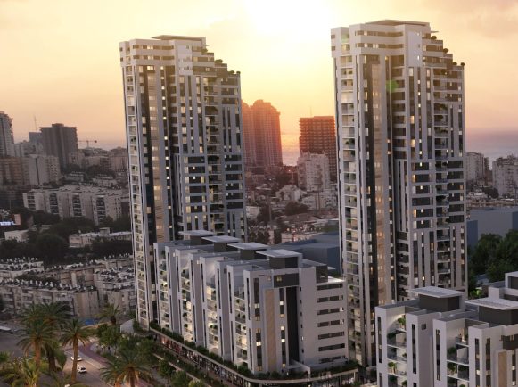 פרונט הבניין בשקיעה